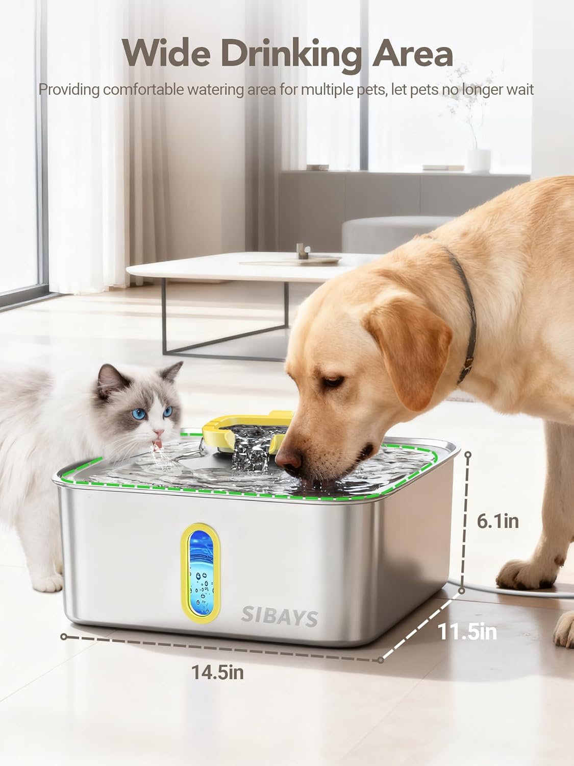 SIBAYS 4Gal/15L Dog Water Fountain for Large Dogs, Stainless Steel Large Pet Water Fountain, Ultra Quiet Automatic Dog Water Bowl Dispenser with Water Level Window and LED Light(FS78, Silver-Grey)