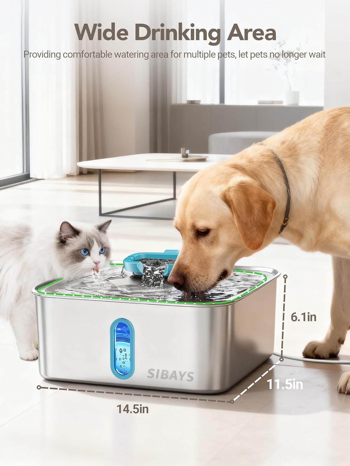 SIBAYS 4Gal/15L Dog Water Fountain for Large Dogs, Stainless Steel Large Pet Water Fountain, Ultra Quiet Automatic Dog Water Bowl Dispenser with Water Level Window and LED Light(FS78, Silver-Grey)