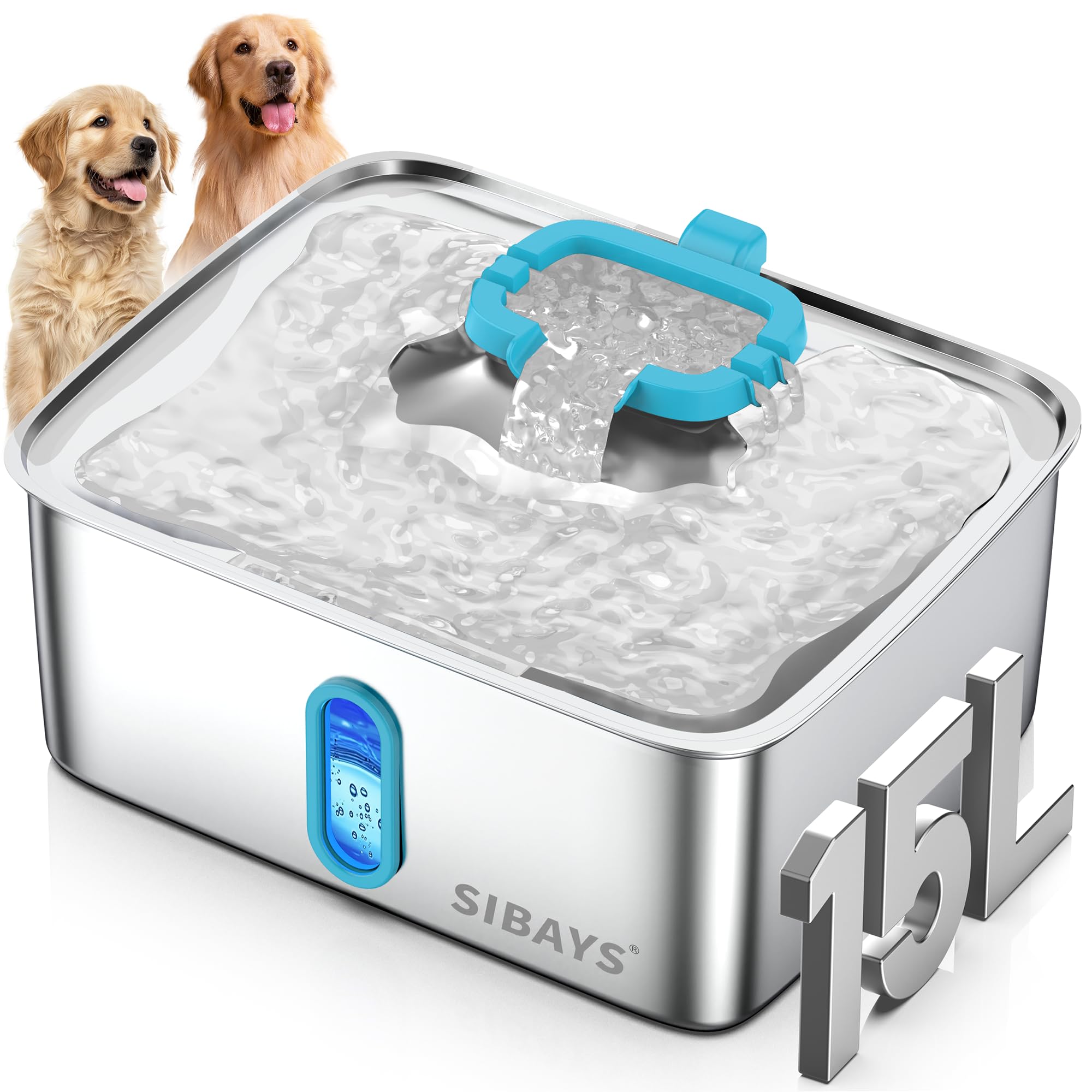 SIBAYS 4Gal/15L Large Dog Water Fountain, Stainless Steel Pet Water Fo