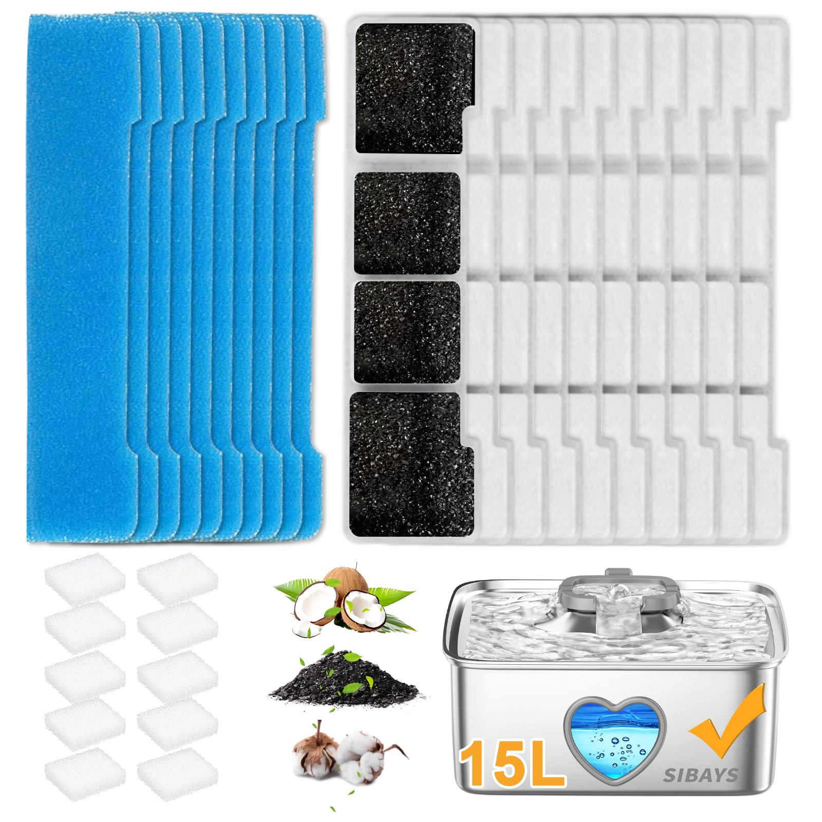 SIBAYS Dog Water Fountain Filter Replacement, 4Gal/15L Pet Fountain Filters, Made of Activated Carbon and PP Cotton, 8 Pet Water Fountain Filters, 8 Pre-Filter Sponge with 8 Pump Sponge(Model: L05)
