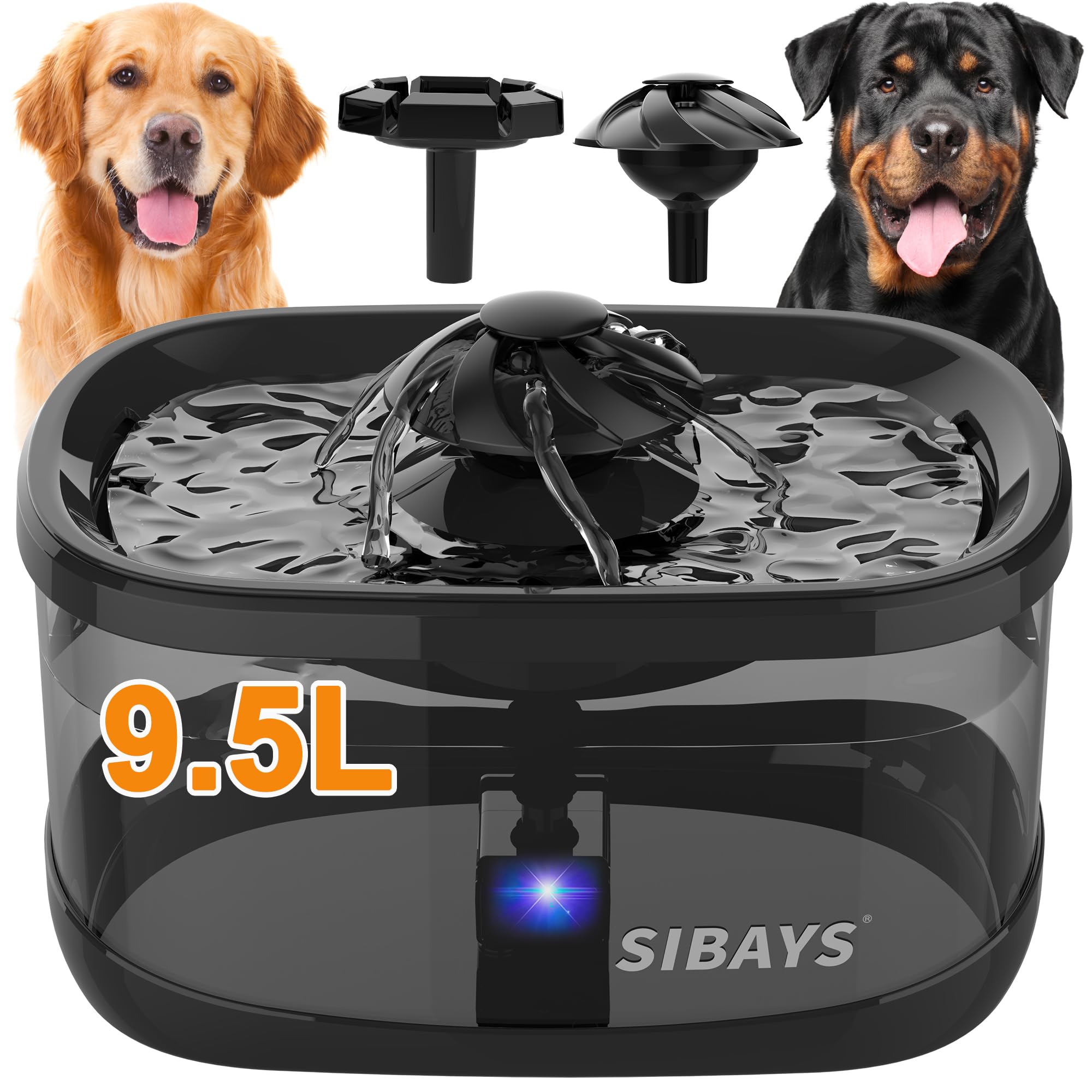SIBAYS 9.5L Dog Water Fountain for Large Dogs, 2.5Gal Large Capacity Pet Water Fountain with 3 Flow Modes and LED Light, Automatic Ultra Quiet Dog Water Bowl Dispenser, Easy to Clean (FS82, Grey)