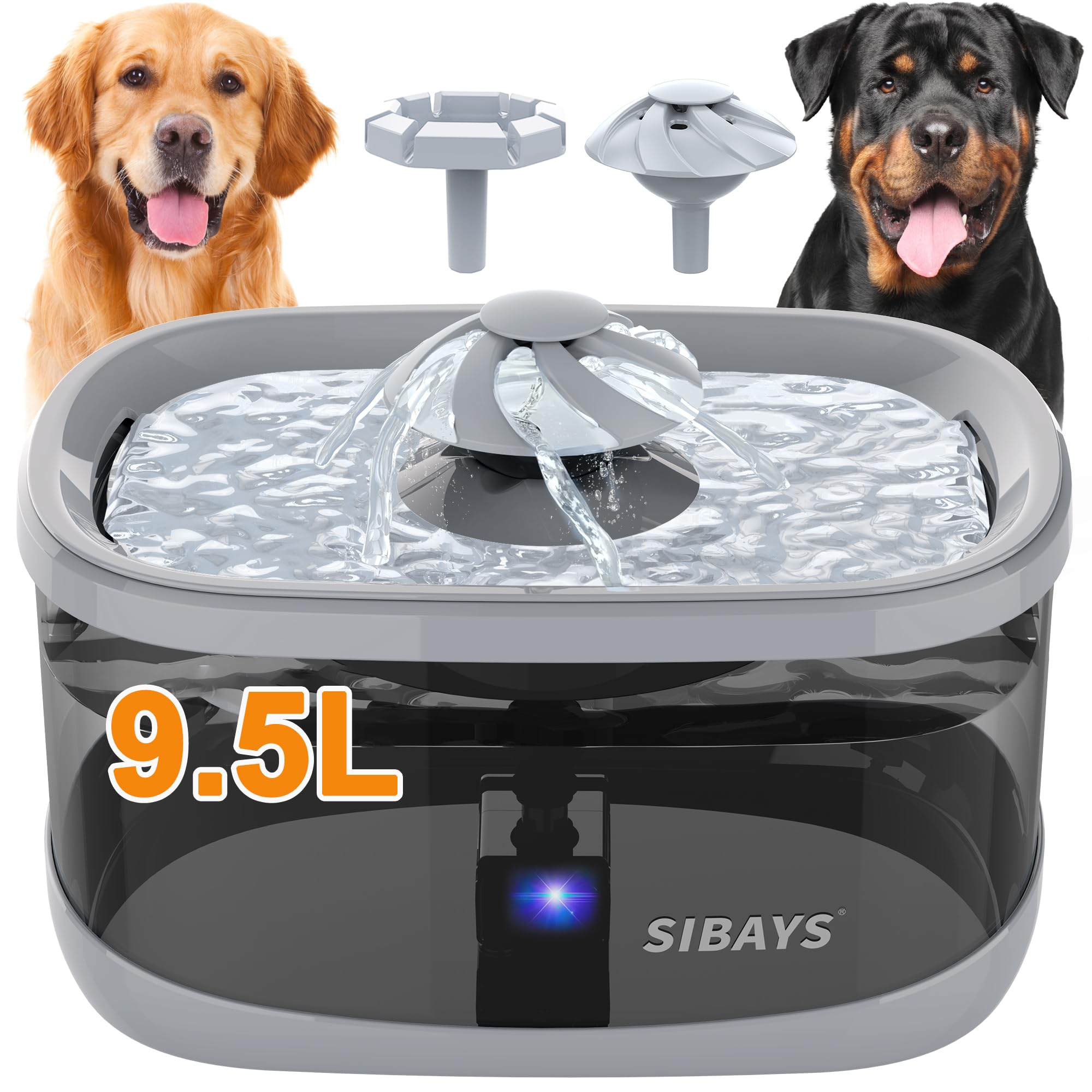 SIBAYS 9.5L Dog Water Fountain for Large Dogs, 2.5Gal Large Capacity Pet Water Fountain with 3 Flow Modes and LED Light, Automatic Ultra Quiet Dog Water Bowl Dispenser, Easy to Clean (FS82, Grey)