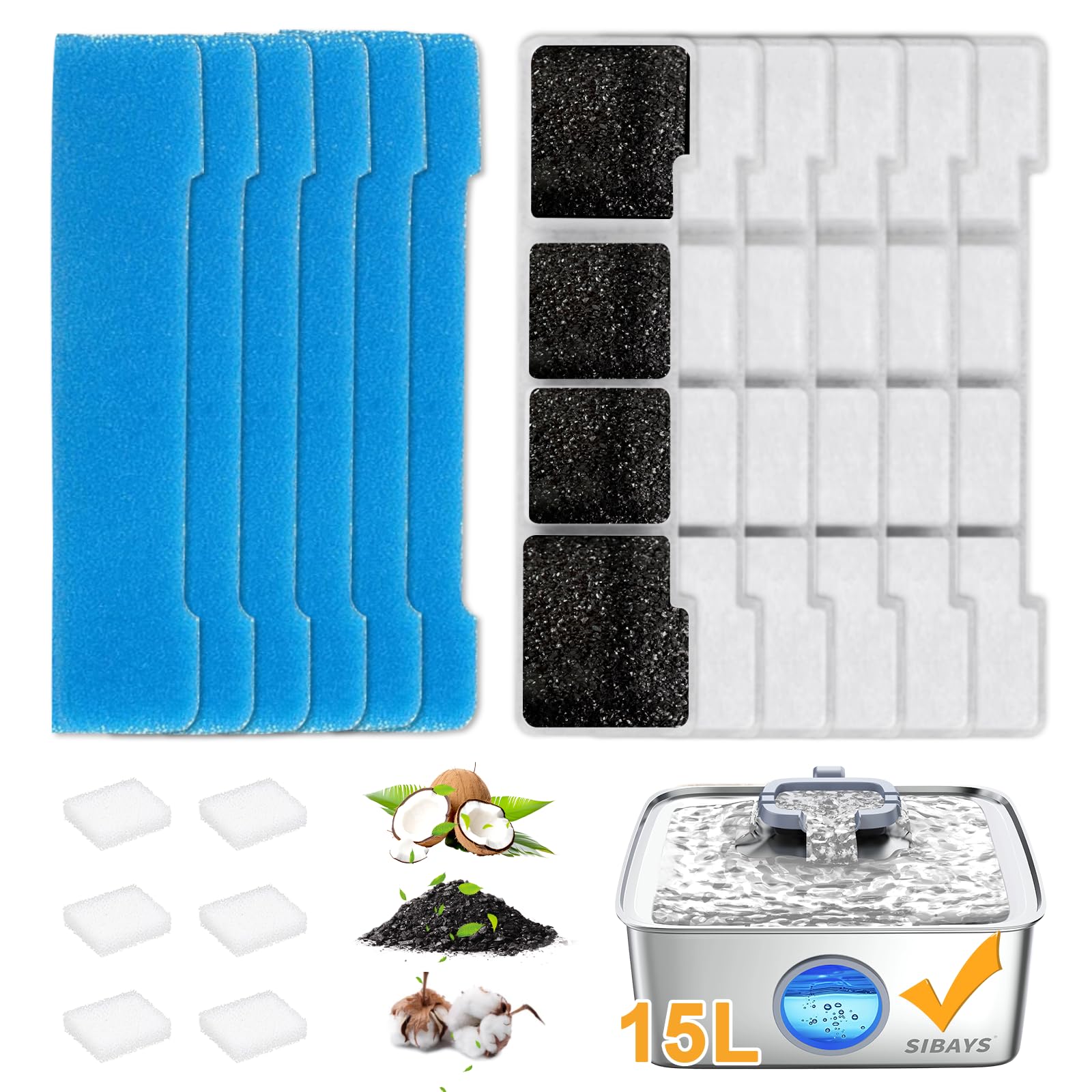 SIBAYS Dog Water Fountain Filter Replacement, 4Gal/15L Pet Fountain Filters, Made of Activated Carbon and PP Cotton, 8 Pet Water Fountain Filters, 8 Pre-Filter Sponge with 8 Pump Sponge(Model: L05)