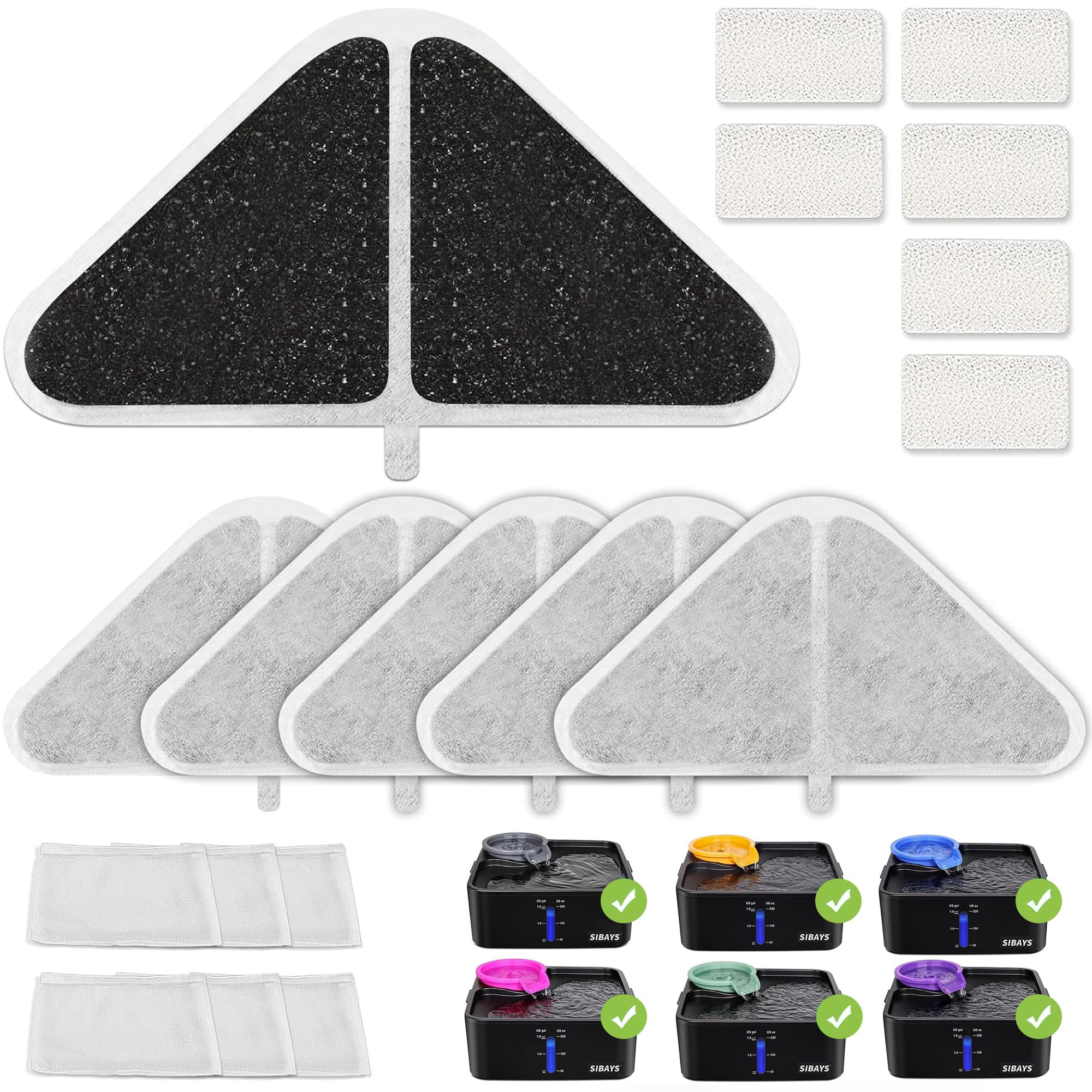 SIBAYS Cat Water Fountain Filters, Replacement Water Fountain Filters for 230oz/7L Pet Water Fountains, Made of Food Grade Activated Carbon and PP Cotton, 6pcs Filter + 6pcs Mesh + 6pcs Sponge