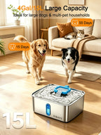 SIBAYS 4Gal/15L Dog Water Fountain for Large Dogs, Stainless Steel Large Pet Water Fountain, Ultra Quiet Automatic Dog Water Bowl Dispenser with Water Level Window and LED Light(FS78, Silver-Grey)