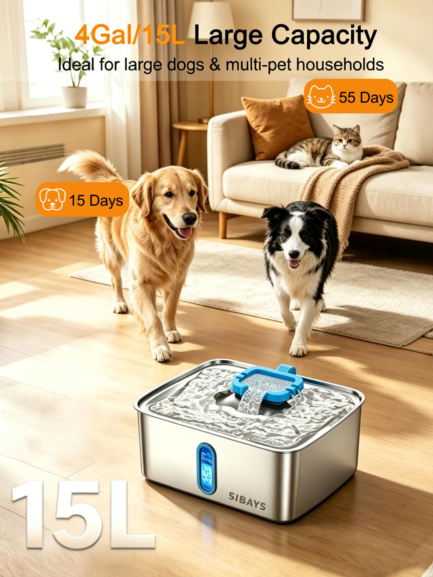 SIBAYS 4Gal/15L Dog Water Fountain for Large Dogs, Stainless Steel Large Pet Water Fountain, Ultra Quiet Automatic Dog Water Bowl Dispenser with Water Level Window and LED Light(FS78, Silver-Grey)
