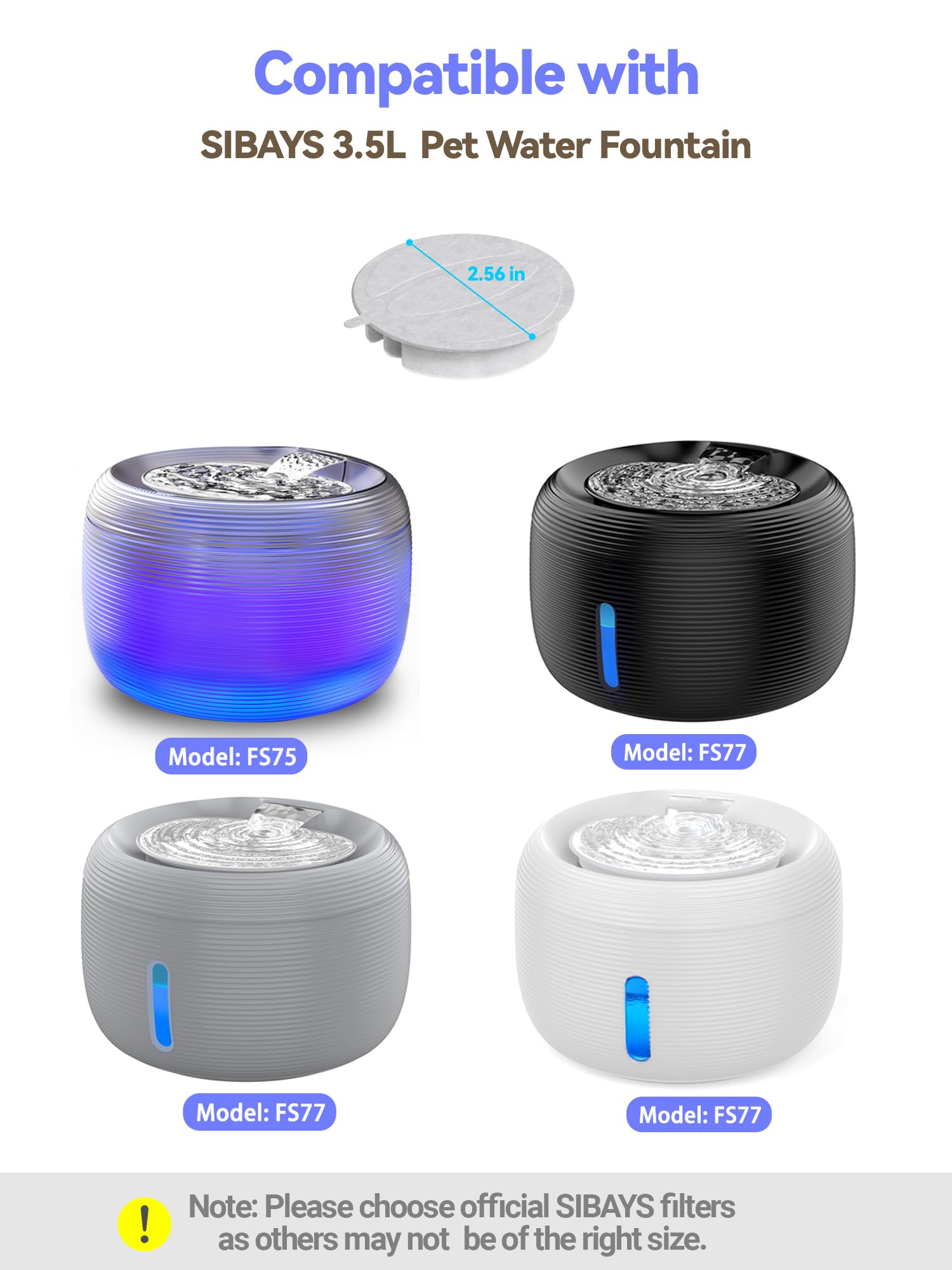 SIBAYS Cat Water Fountain Filters, Pet Water Fountain Filter Replacement for 3.5L/118oz Pet Fountain, Made of Activated Carbon and PP Cotton, 16 Filters, 16 Pump Sponges, 2 Muffler Sponges L04