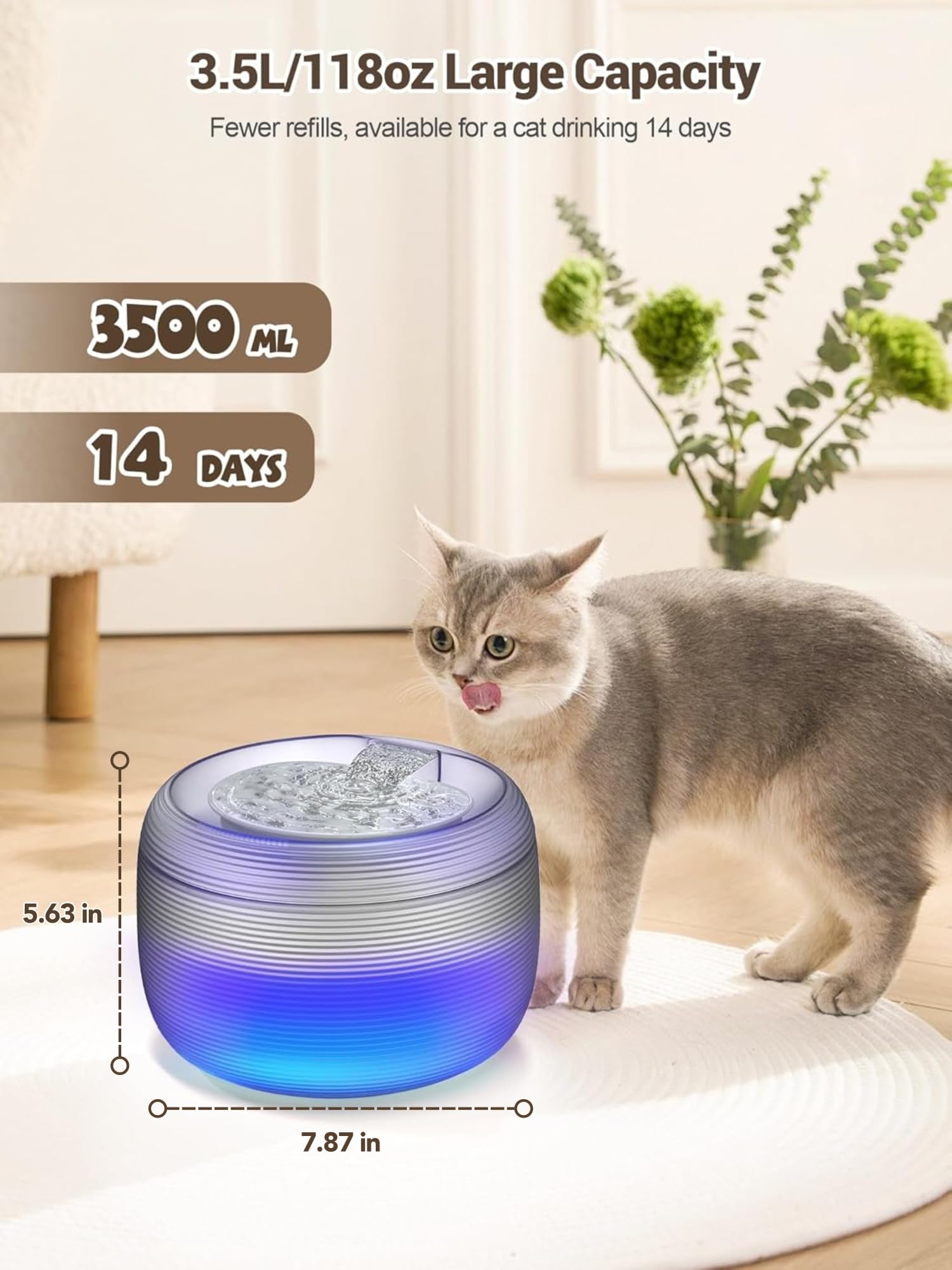 SIBAYS 3.5L Cat Water Fountain, 118oz Large Capacity Cat Fountains for Drinking with Water Level LED Light, Quiet Automatic Pet Water Fountain for Cats Indoor, Dog Water Dispenser Easy to Clean F-016B