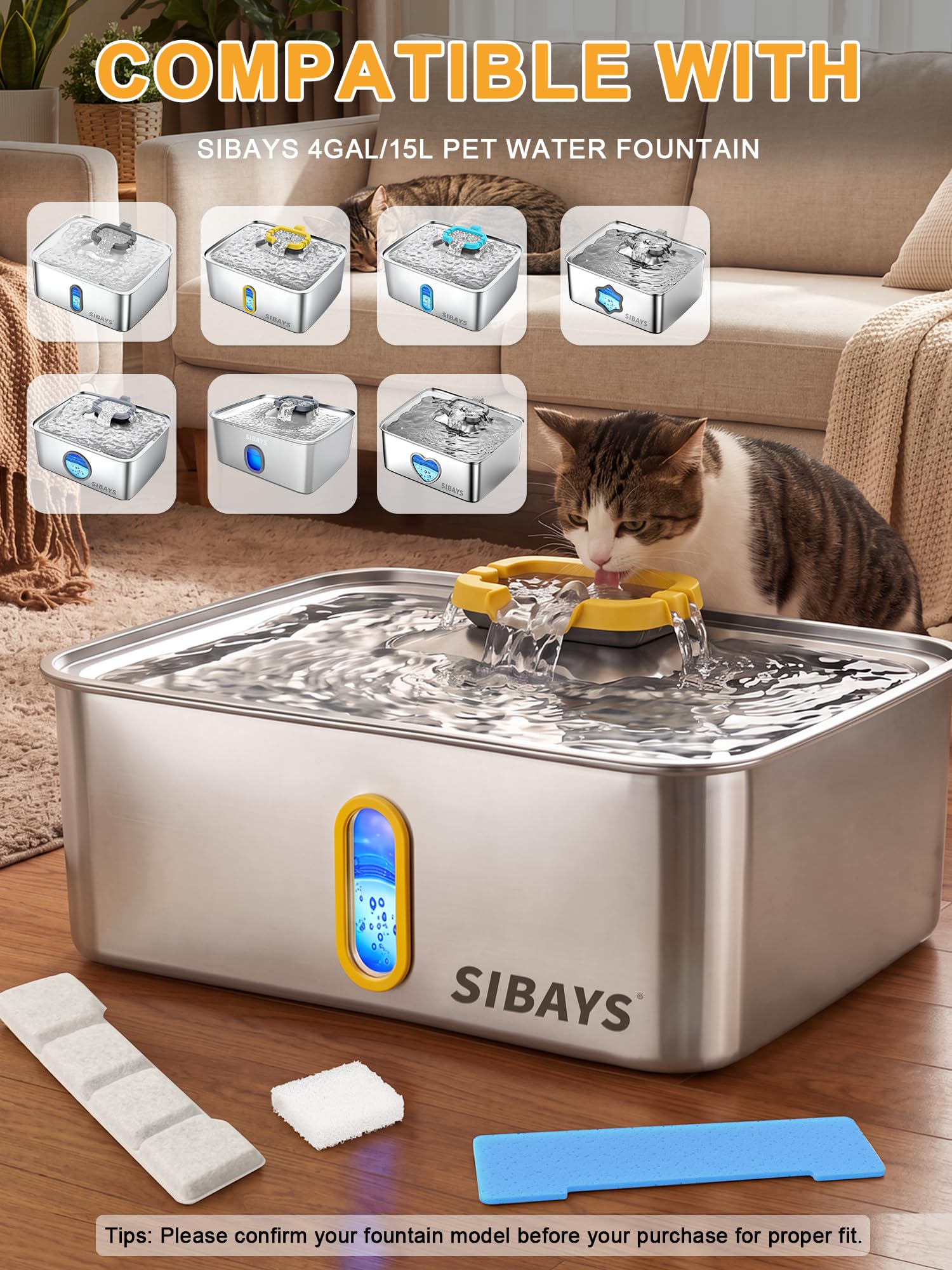 SIBAYS Dog Water Fountain Filter Replacement, 4Gal/15L Pet Fountain Filters, Made of Activated Carbon and PP Cotton, 8 Pet Water Fountain Filters, 8 Pre-Filter Sponge with 8 Pump Sponge(Model: L05)