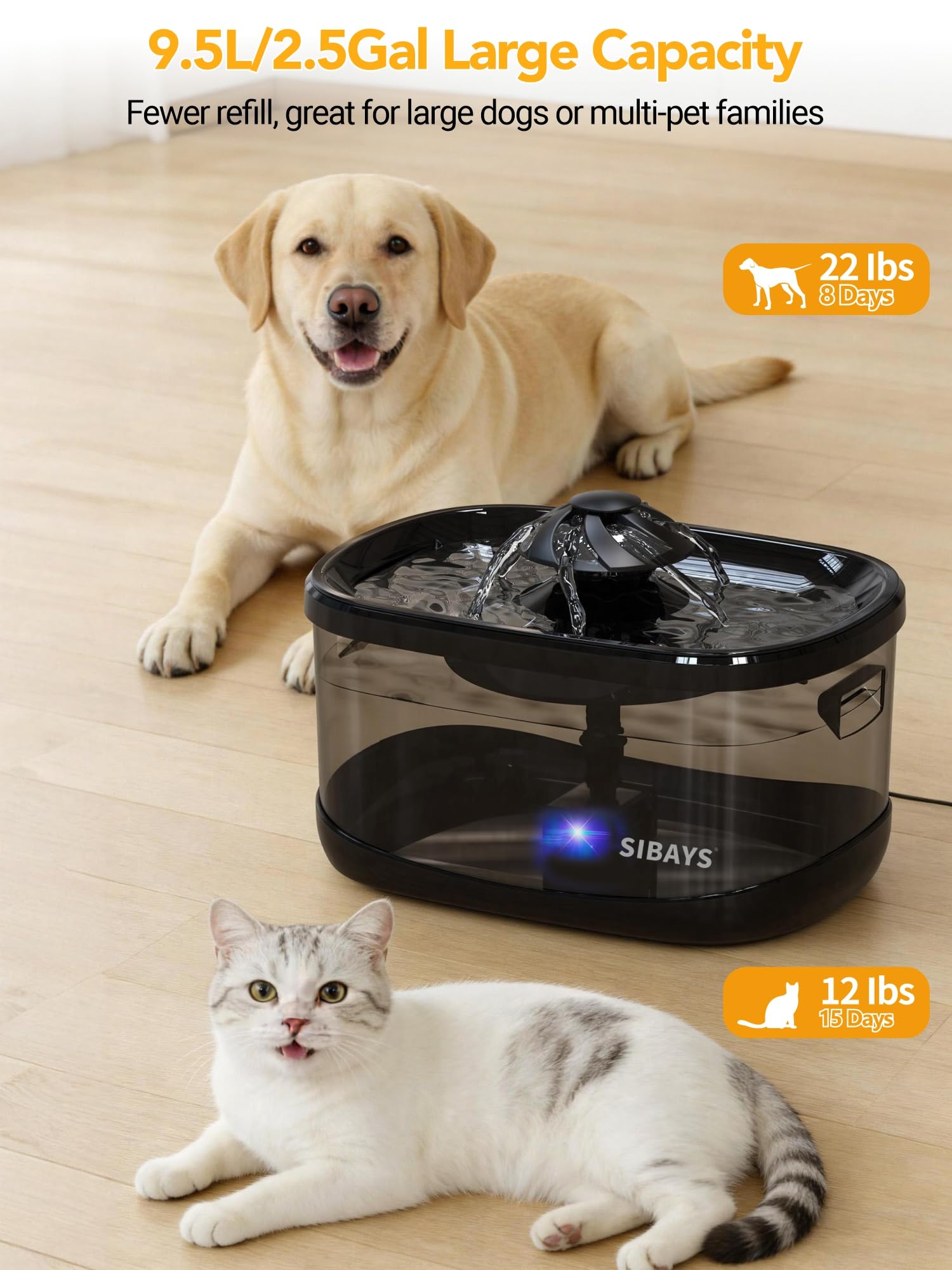 SIBAYS 9.5L Dog Water Fountain for Large Dogs, 2.5Gal Large Capacity Pet Water Fountain with 3 Flow Modes and LED Light, Automatic Ultra Quiet Dog Water Bowl Dispenser, Easy to Clean (FS82, Grey)