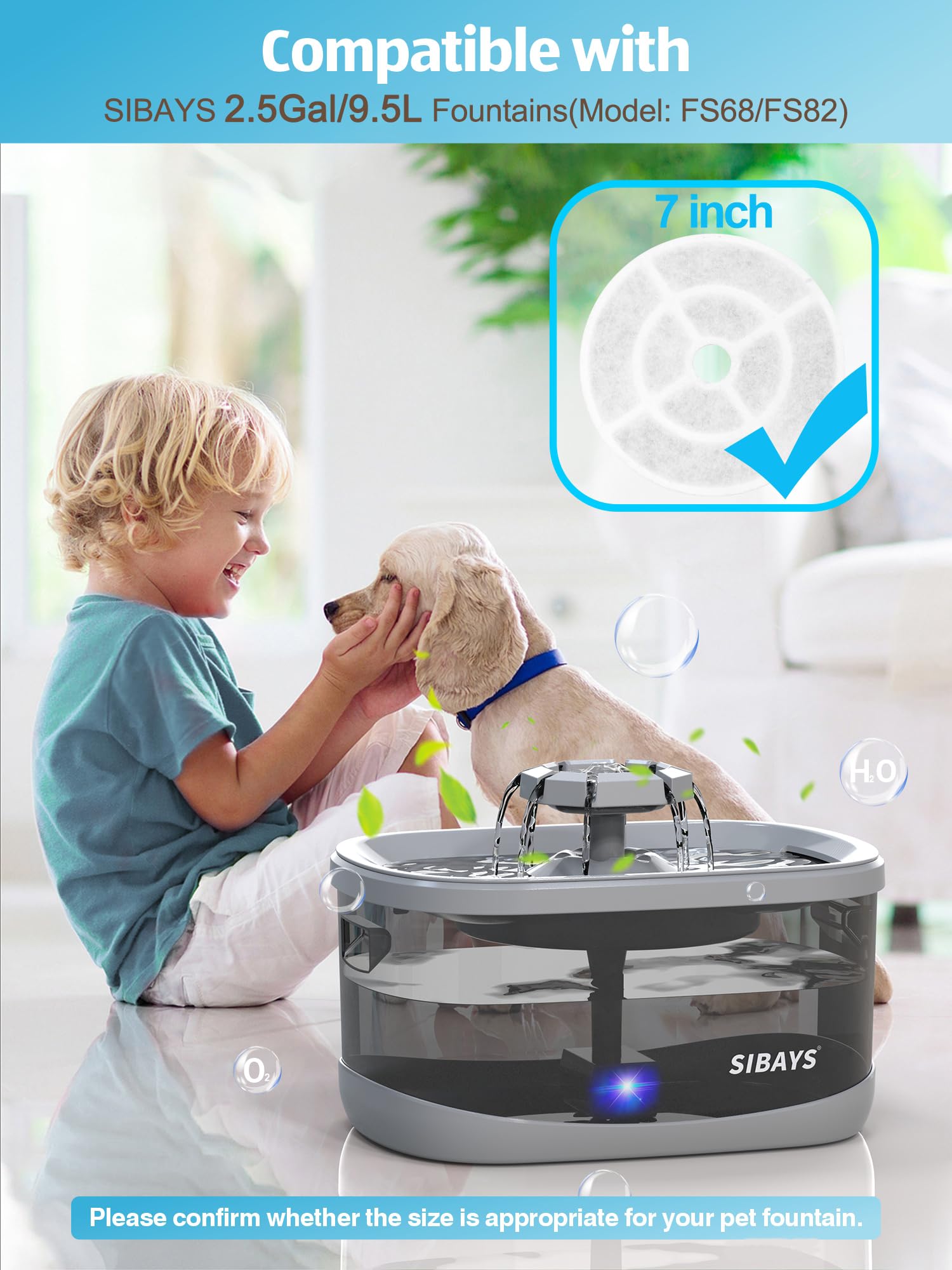 SIBAYS 6 Pack 7" Large Cat Water Fountain Filters Replacement for 2.5Gal/9.5L Dog Water Fountain(FS68/FS82) with 4 Layers Filtration System, Made of Coconut Shell Activated Carbon and PP Cotton L03