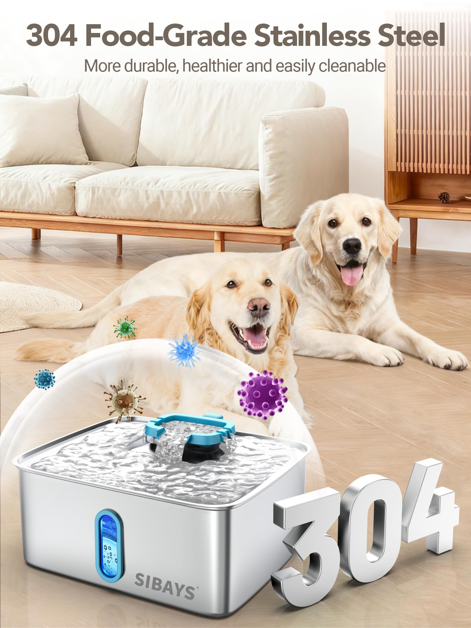 SIBAYS 4Gal/15L Dog Water Fountain for Large Dogs, Stainless Steel Large Pet Water Fountain, Ultra Quiet Automatic Dog Water Bowl Dispenser with Water Level Window and LED Light(FS78, Silver-Grey)