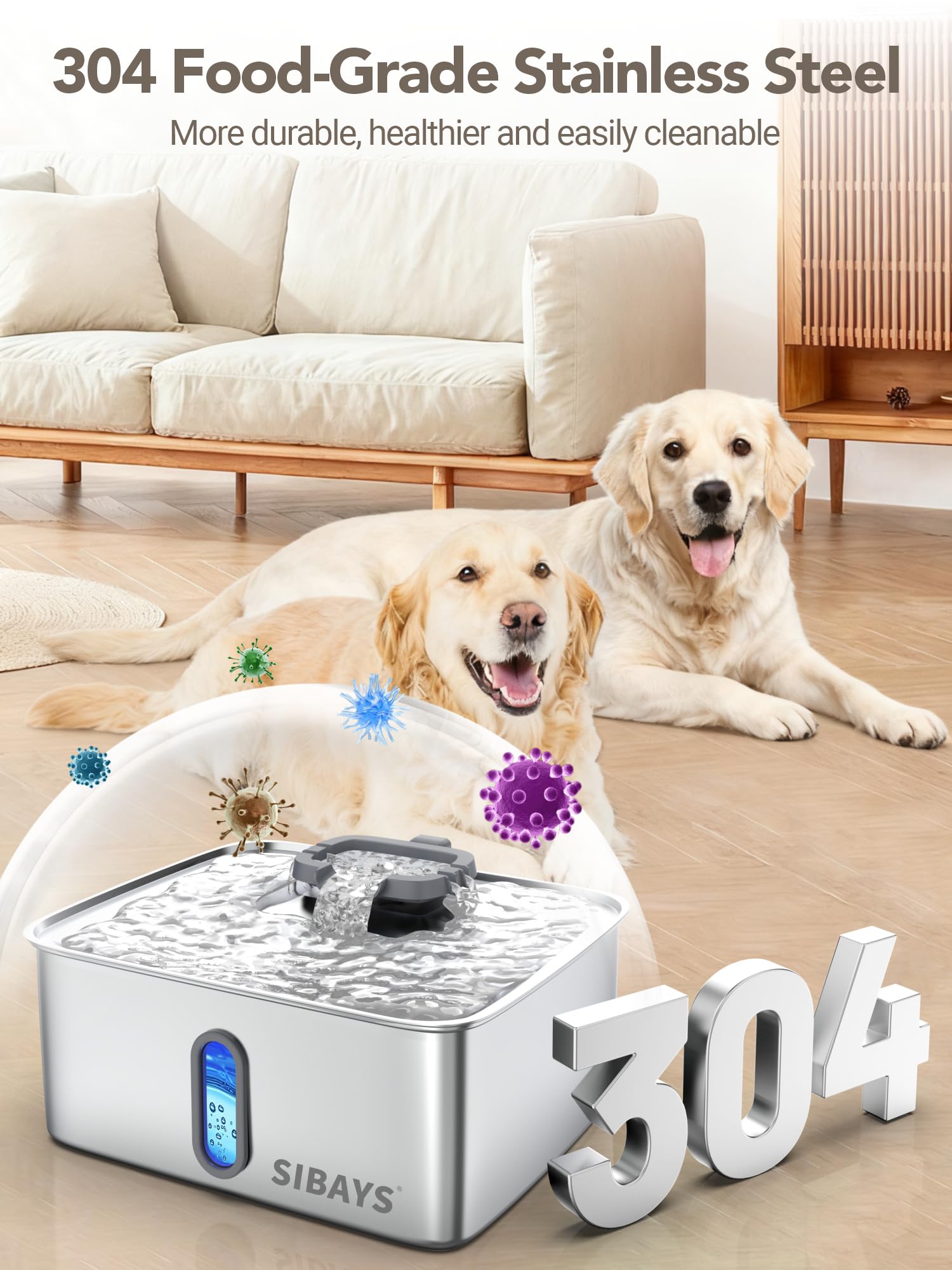 SIBAYS 4Gal/15L Dog Water Fountain for Large Dogs, Stainless Steel Large Pet Water Fountain, Ultra Quiet Automatic Dog Water Bowl Dispenser with Water Level Window and LED Light(FS78, Silver-Grey)