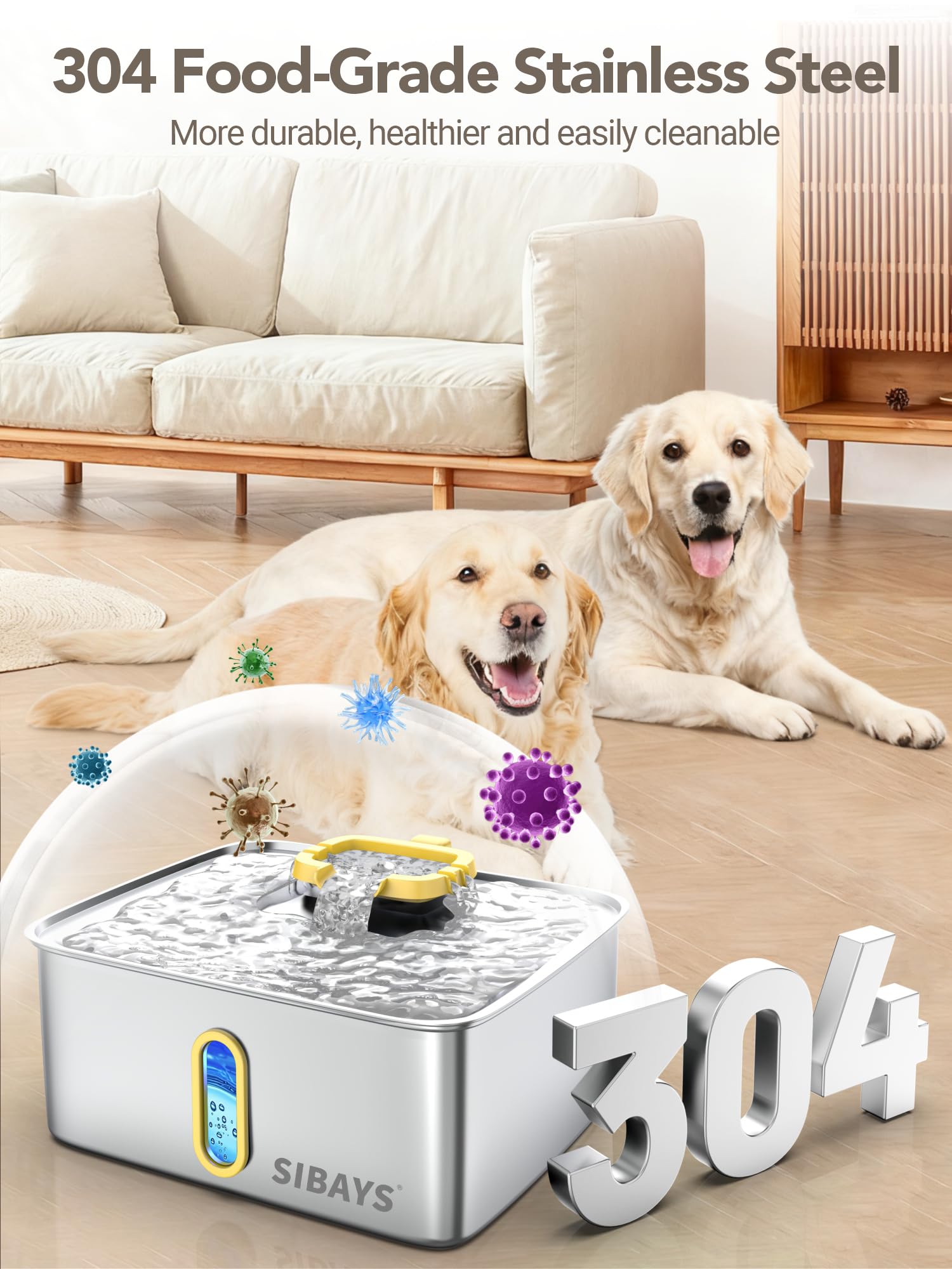 SIBAYS 4Gal/15L Dog Water Fountain for Large Dogs, Stainless Steel Large Pet Water Fountain, Ultra Quiet Automatic Dog Water Bowl Dispenser with Water Level Window and LED Light(FS78, Silver-Grey)