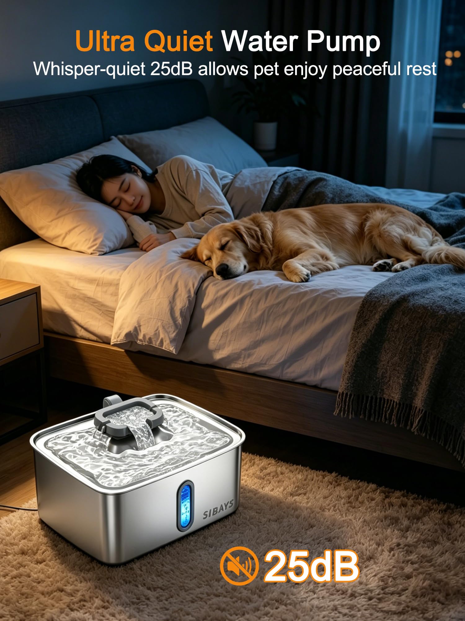 SIBAYS 4Gal/15L Dog Water Fountain for Large Dogs, Stainless Steel Large Pet Water Fountain, Ultra Quiet Automatic Dog Water Bowl Dispenser with Water Level Window and LED Light(FS78, Silver-Grey)