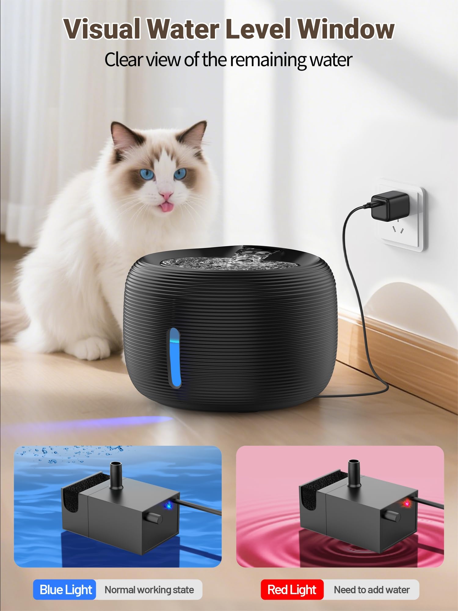 SIBAYS 3.5L/118oz Large Capacity Cat Water Fountain, Automatic Quiet Pet Water Fountain for Cats Indoor Cat Drinking Fountain, Dog Water Bowl Dispenser with LED Light & Water Level Window(FS77, Grey)