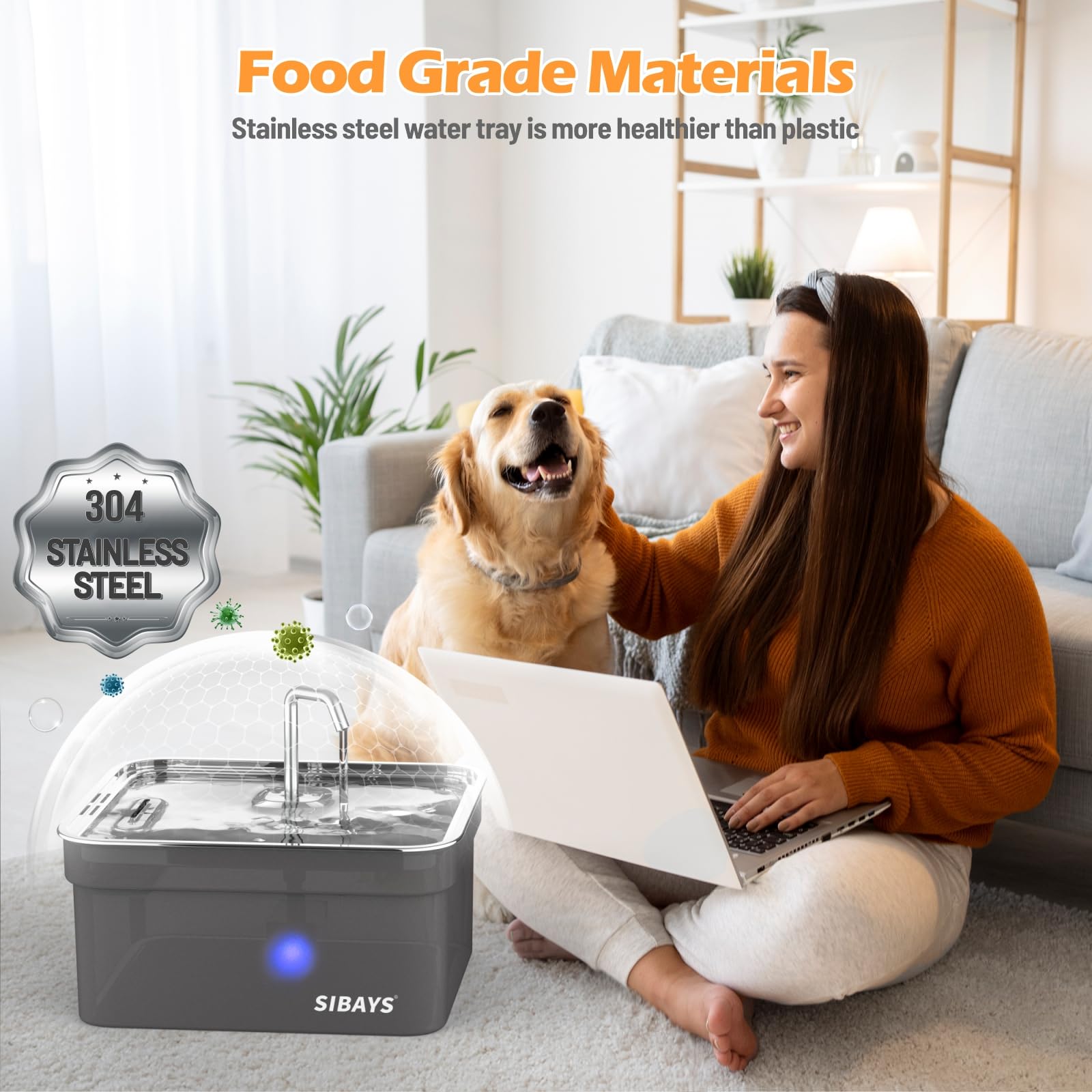 SIBAYS Dog Water Fountain for Large Dogs, 355oz/2.8Gal/10.5L Automatic Dog and Cat Water Fountain, Large Pet Fountain with Stainless Steel Bowl, Dog Water Bowl Dispenser Easy to Clean, BPA-Free FS70
