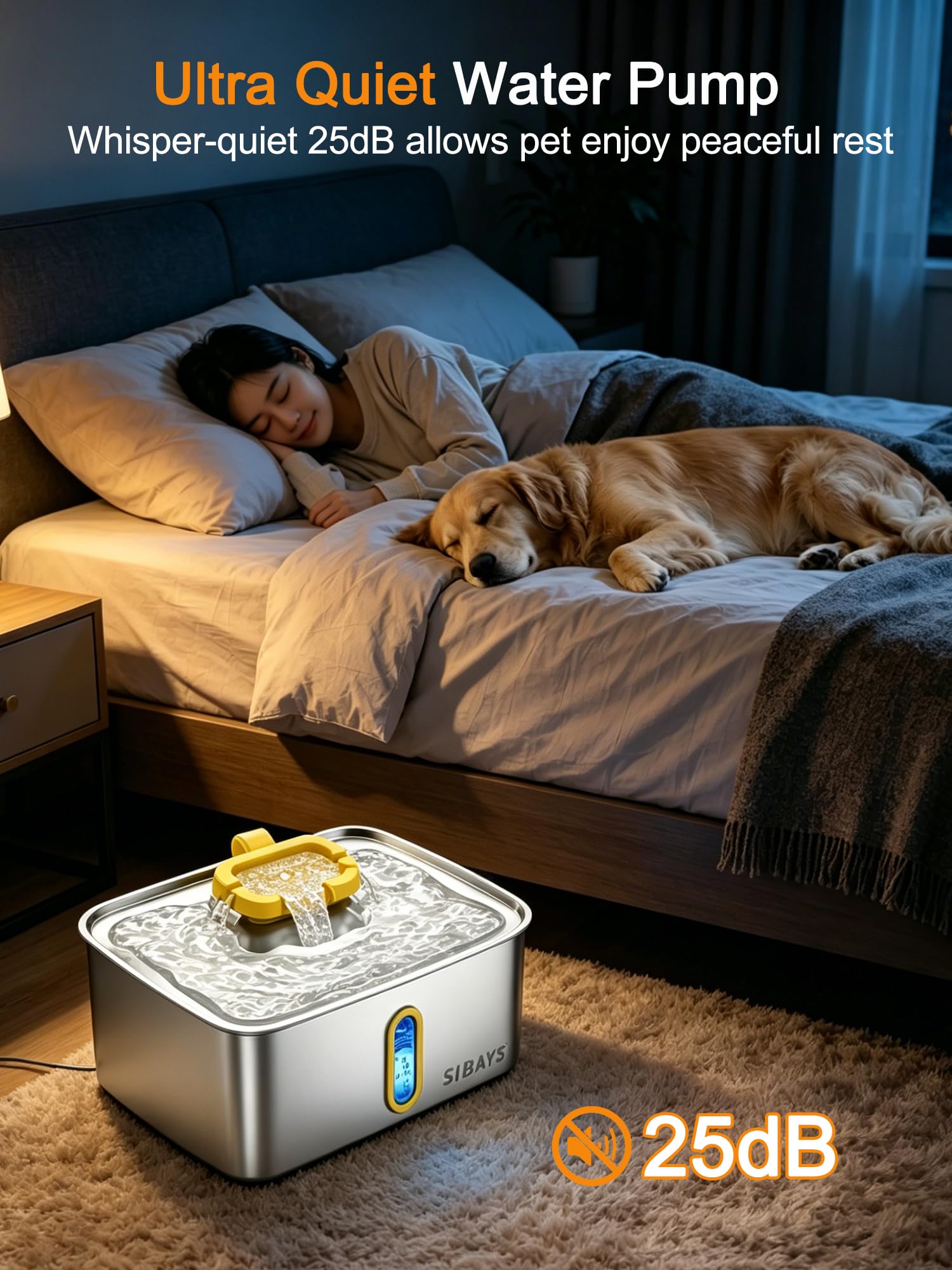 SIBAYS 4Gal/15L Dog Water Fountain for Large Dogs, Stainless Steel Large Pet Water Fountain, Ultra Quiet Automatic Dog Water Bowl Dispenser with Water Level Window and LED Light(FS78, Silver-Grey)