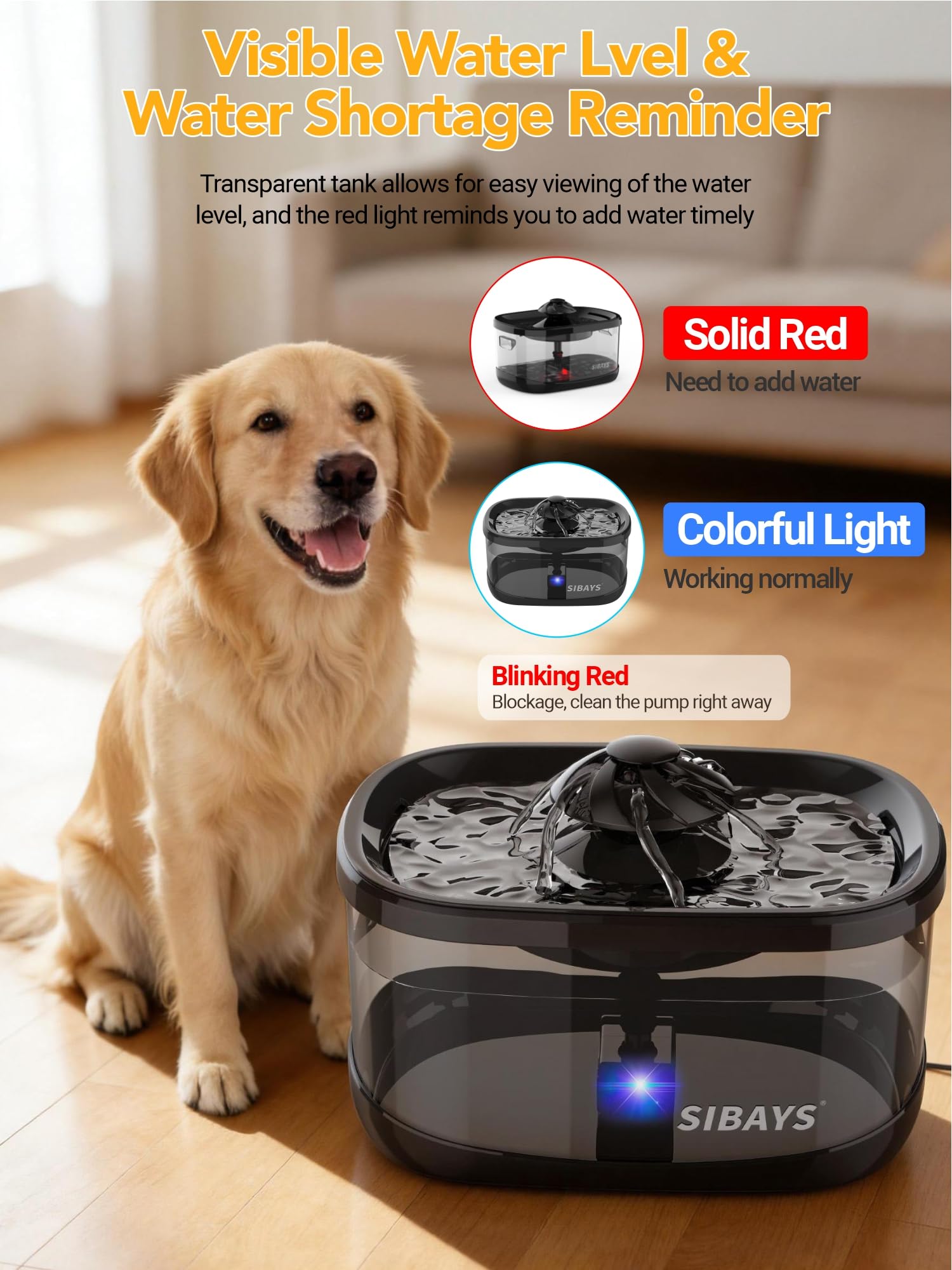 SIBAYS 9.5L Dog Water Fountain for Large Dogs, 2.5Gal Large Capacity Pet Water Fountain with 3 Flow Modes and LED Light, Automatic Ultra Quiet Dog Water Bowl Dispenser, Easy to Clean (FS82, Grey)