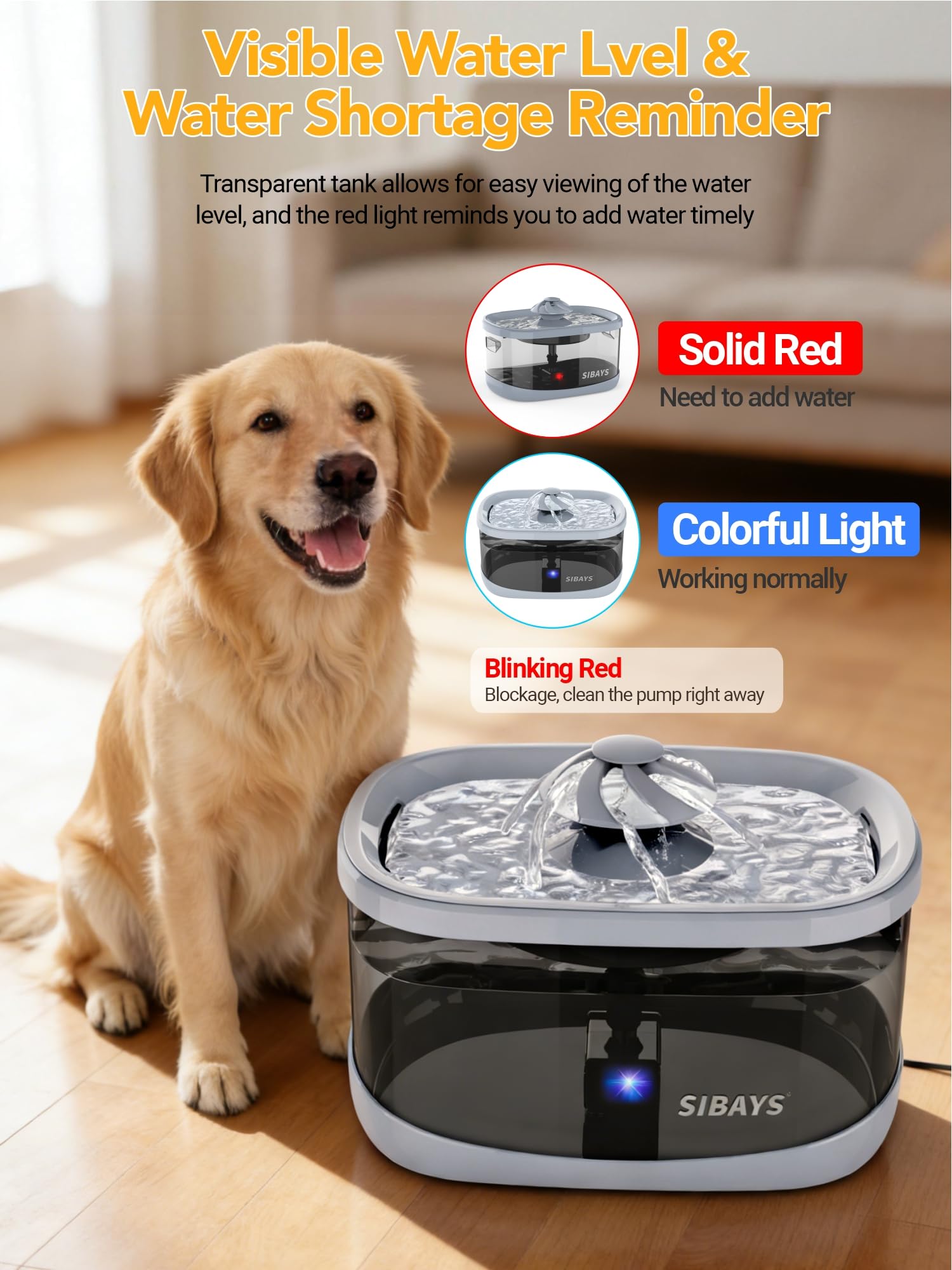 SIBAYS 9.5L Dog Water Fountain for Large Dogs, 2.5Gal Large Capacity Pet Water Fountain with 3 Flow Modes and LED Light, Automatic Ultra Quiet Dog Water Bowl Dispenser, Easy to Clean (FS82, Grey)