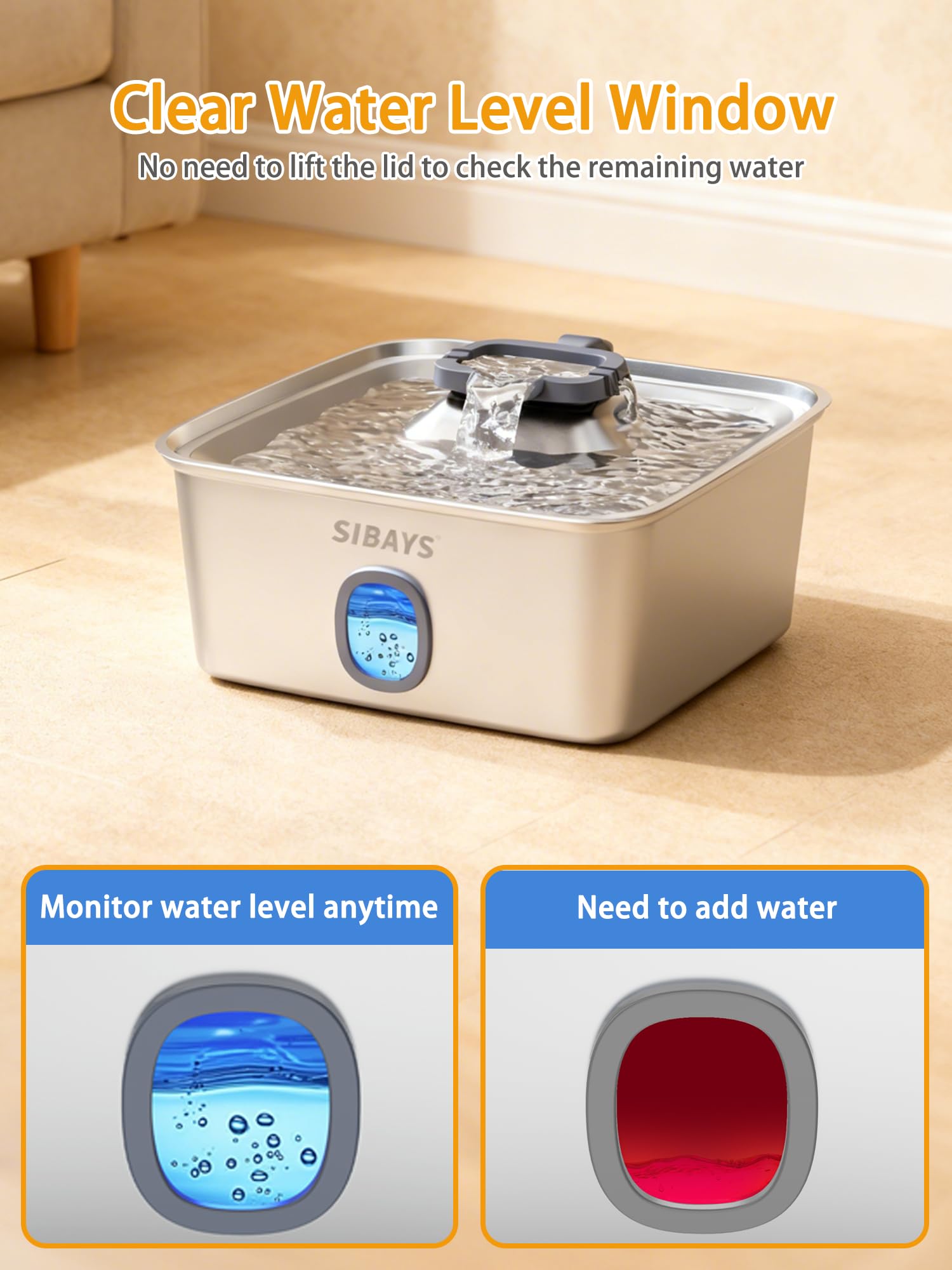 SIBAYS 4Gal/15L Large Dog Water Fountain, Stainless Steel Pet Fountain with Water Window & LED Light, Ultra Quiet Automatic Dog Water Bowl Dispenser for Large Dogs & Multi-pet, Easy to Clean SIFS76A