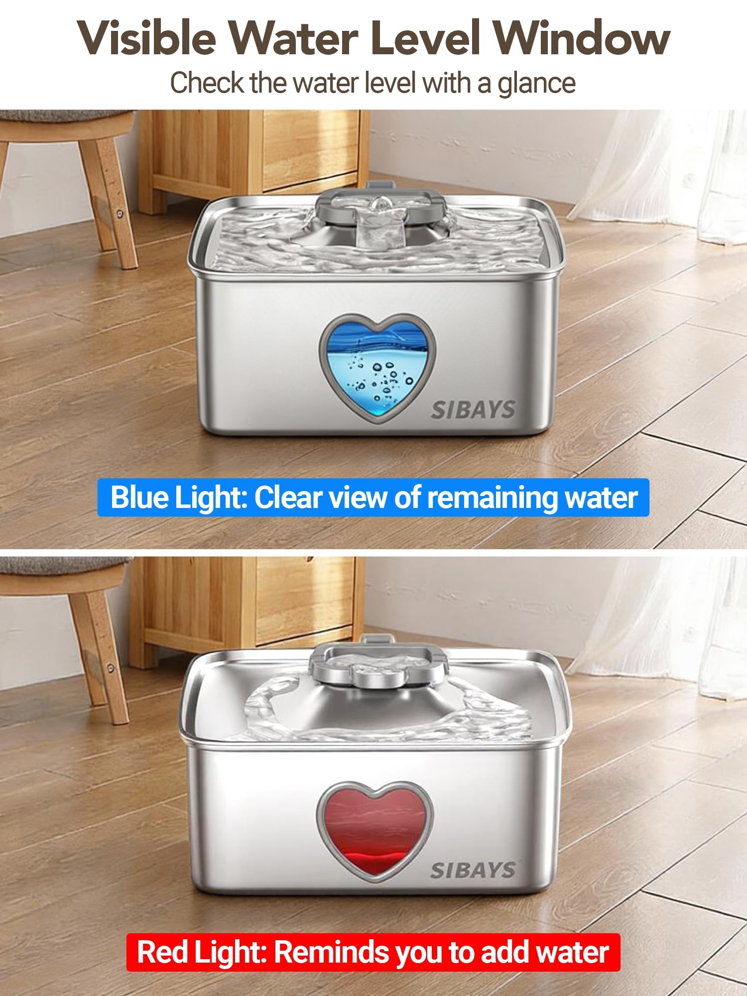 SIBAYS 15L Large Dog Water Fountain, 4 Gal Stainless Steel Pet Water Fountain for Dogs Inside, Ultra Quiet Automatic Dog Water Bowl Dispenser with Water Level Window & LED Light, Easy to Clean FS80