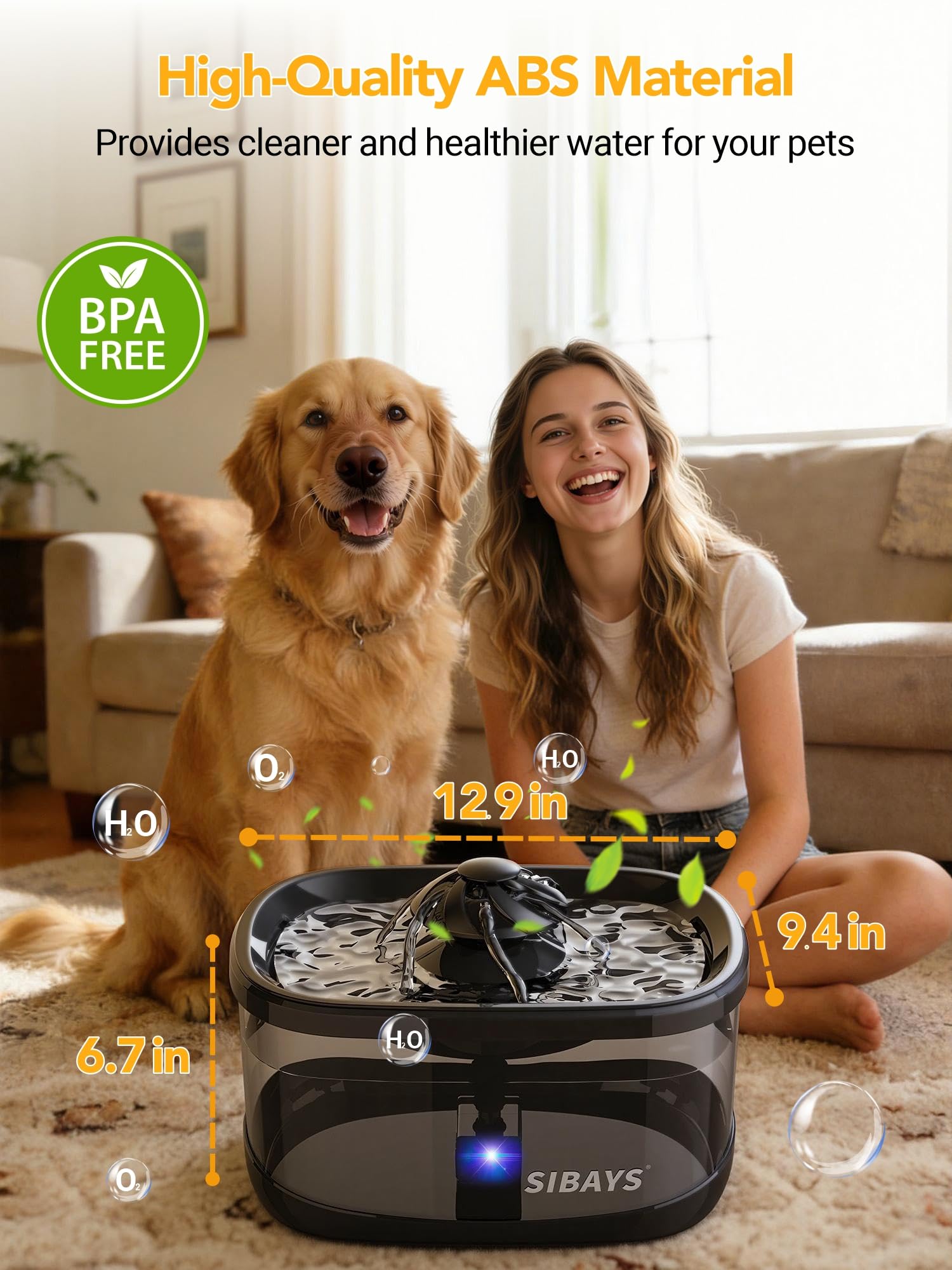 SIBAYS 9.5L Dog Water Fountain for Large Dogs, 2.5Gal Large Capacity Pet Water Fountain with 3 Flow Modes and LED Light, Automatic Ultra Quiet Dog Water Bowl Dispenser, Easy to Clean (FS82, Grey)