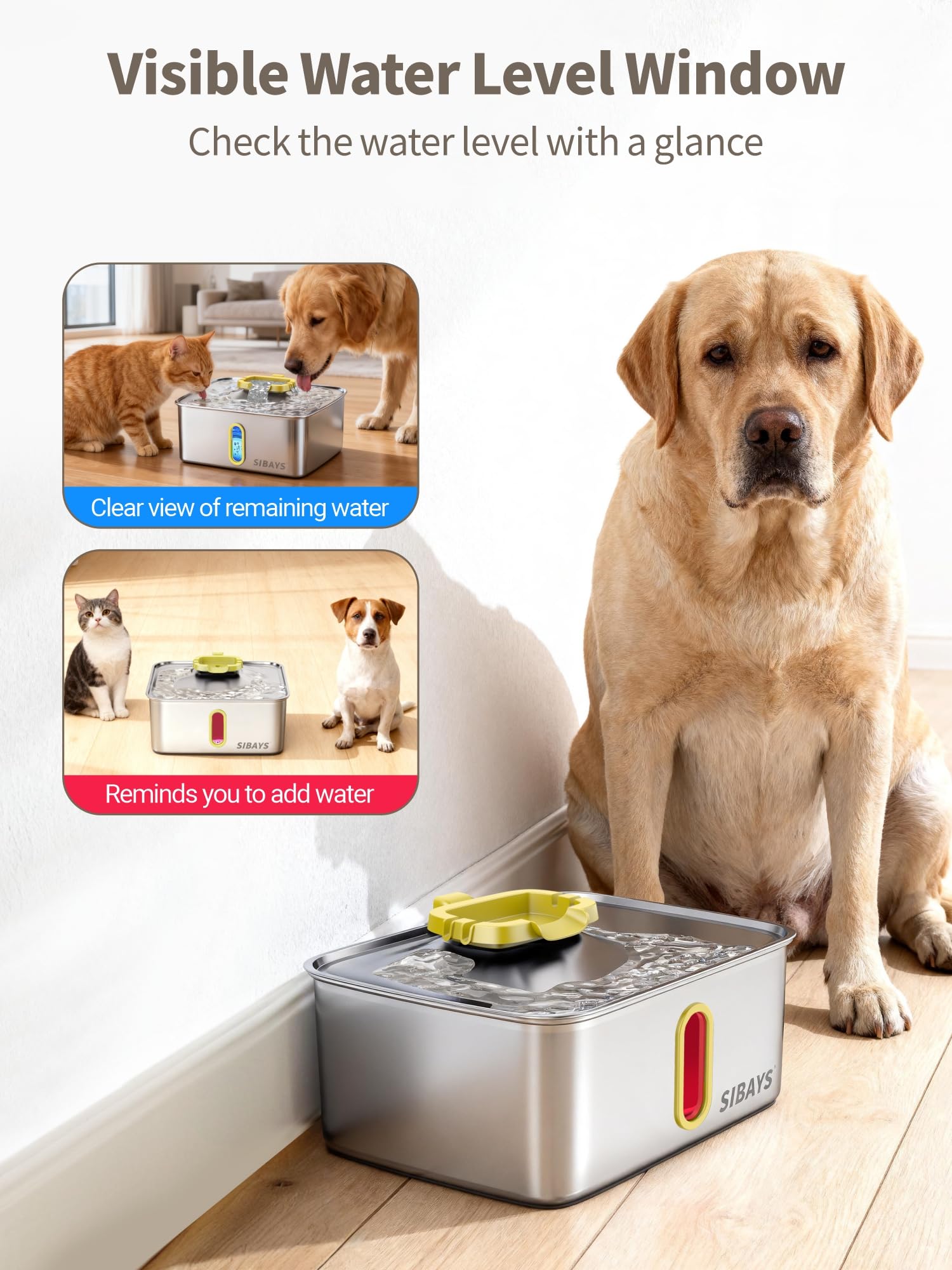 SIBAYS 4Gal/15L Dog Water Fountain for Large Dogs, Stainless Steel Large Pet Water Fountain, Ultra Quiet Automatic Dog Water Bowl Dispenser with Water Level Window and LED Light(FS78, Silver-Grey)