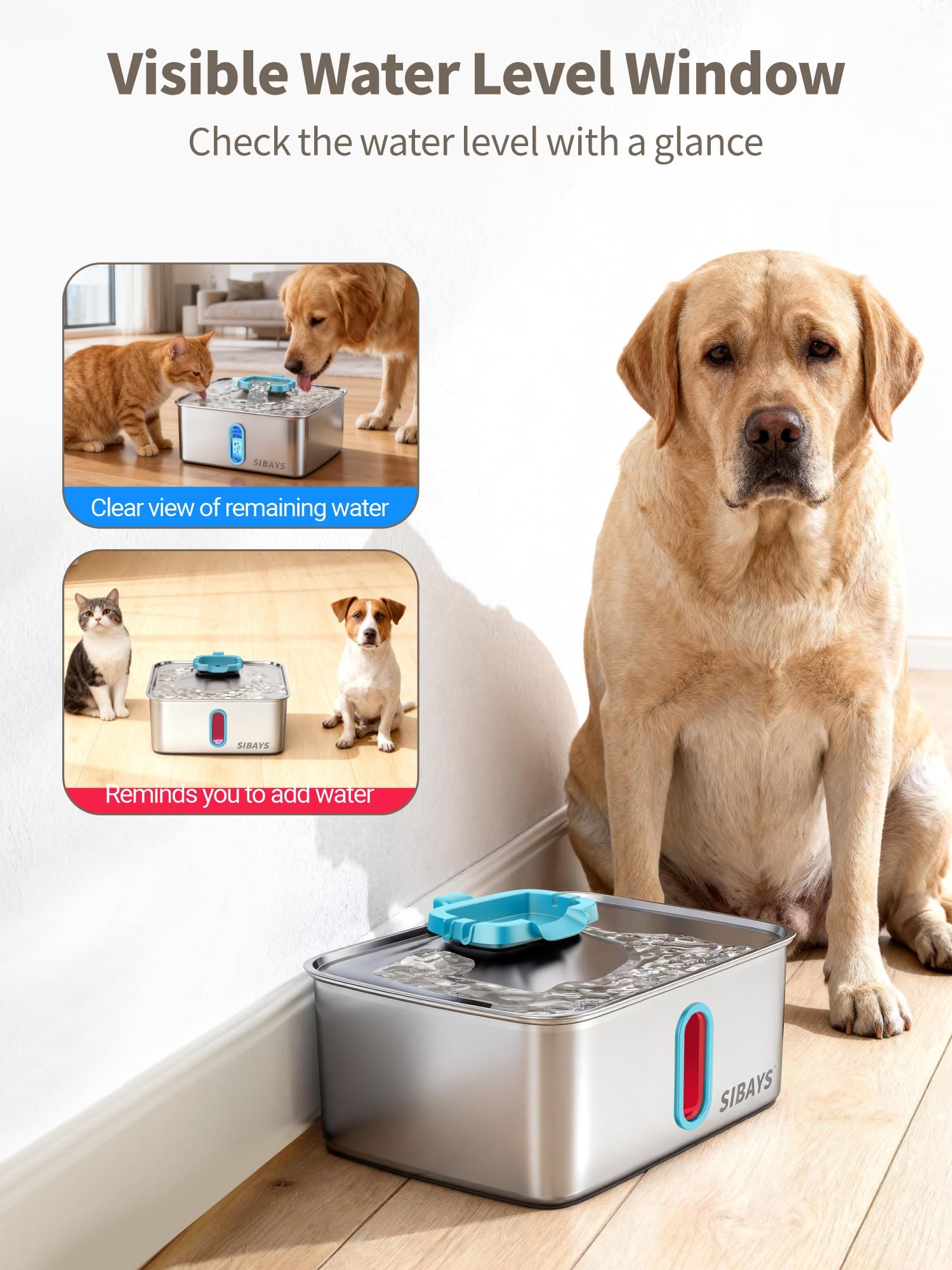 SIBAYS 4Gal/15L Dog Water Fountain for Large Dogs, Stainless Steel Large Pet Water Fountain, Ultra Quiet Automatic Dog Water Bowl Dispenser with Water Level Window and LED Light(FS78, Silver-Grey)