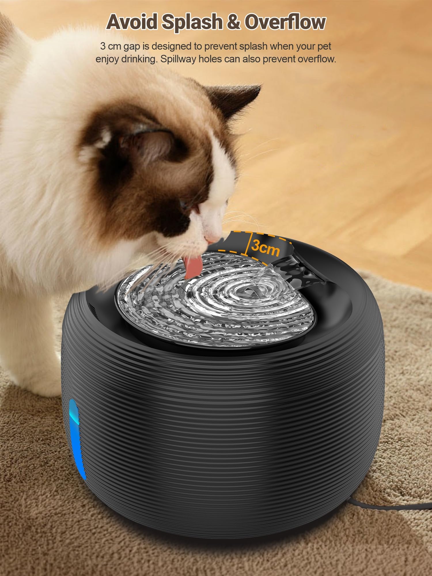 SIBAYS 3.5L/118oz Large Capacity Cat Water Fountain, Automatic Quiet Pet Water Fountain for Cats Indoor Cat Drinking Fountain, Dog Water Bowl Dispenser with LED Light & Water Level Window(FS77, Grey)