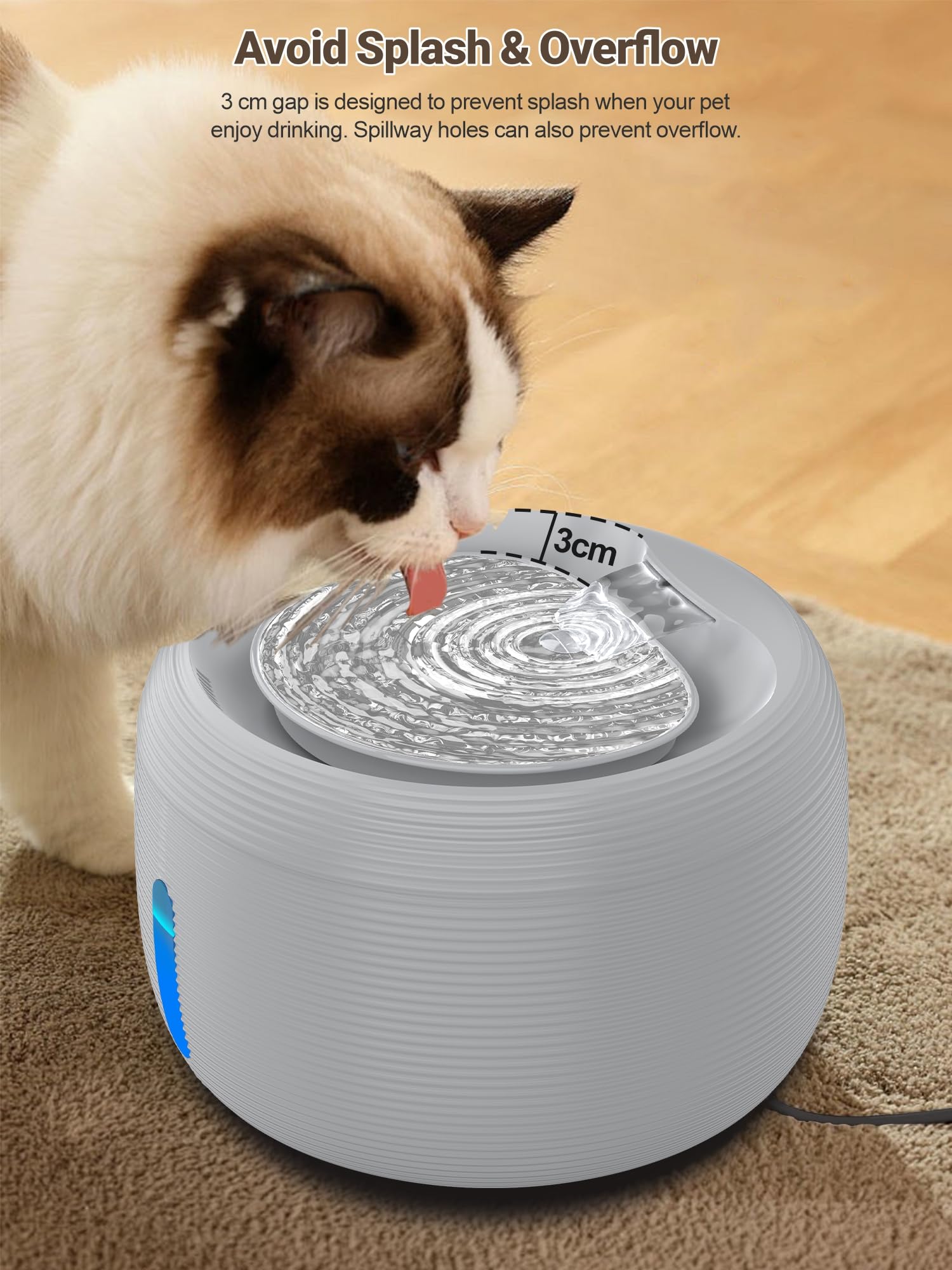 SIBAYS 3.5L/118oz Large Capacity Cat Water Fountain, Automatic Quiet Pet Water Fountain for Cats Indoor Cat Drinking Fountain, Dog Water Bowl Dispenser with LED Light & Water Level Window(FS77, Grey)