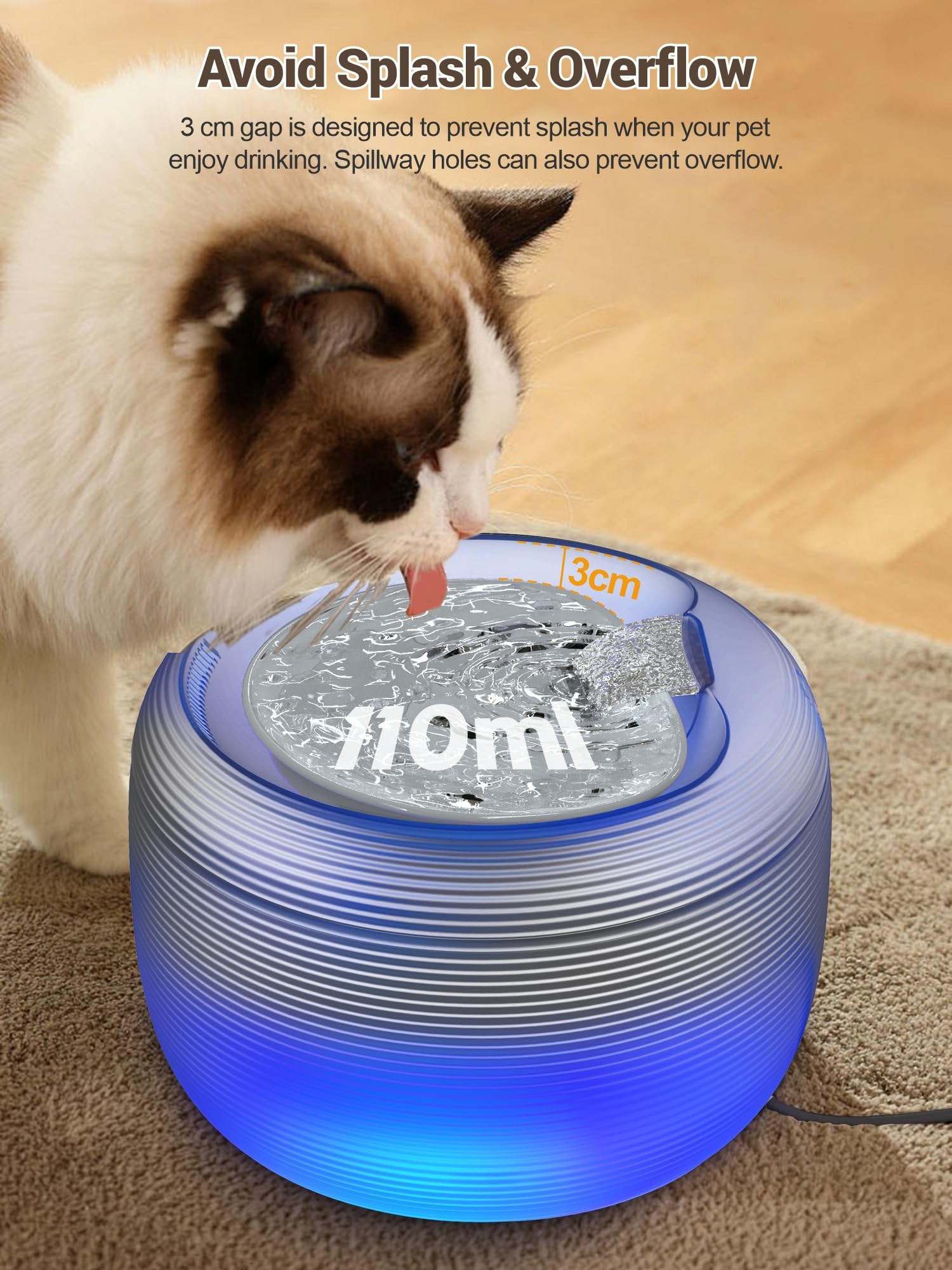 SIBAYS 3.5L Cat Water Fountain, 118oz Large Capacity Cat Fountains for Drinking with Water Level LED Light, Quiet Automatic Pet Water Fountain for Cats Indoor, Dog Water Dispenser Easy to Clean F-016B