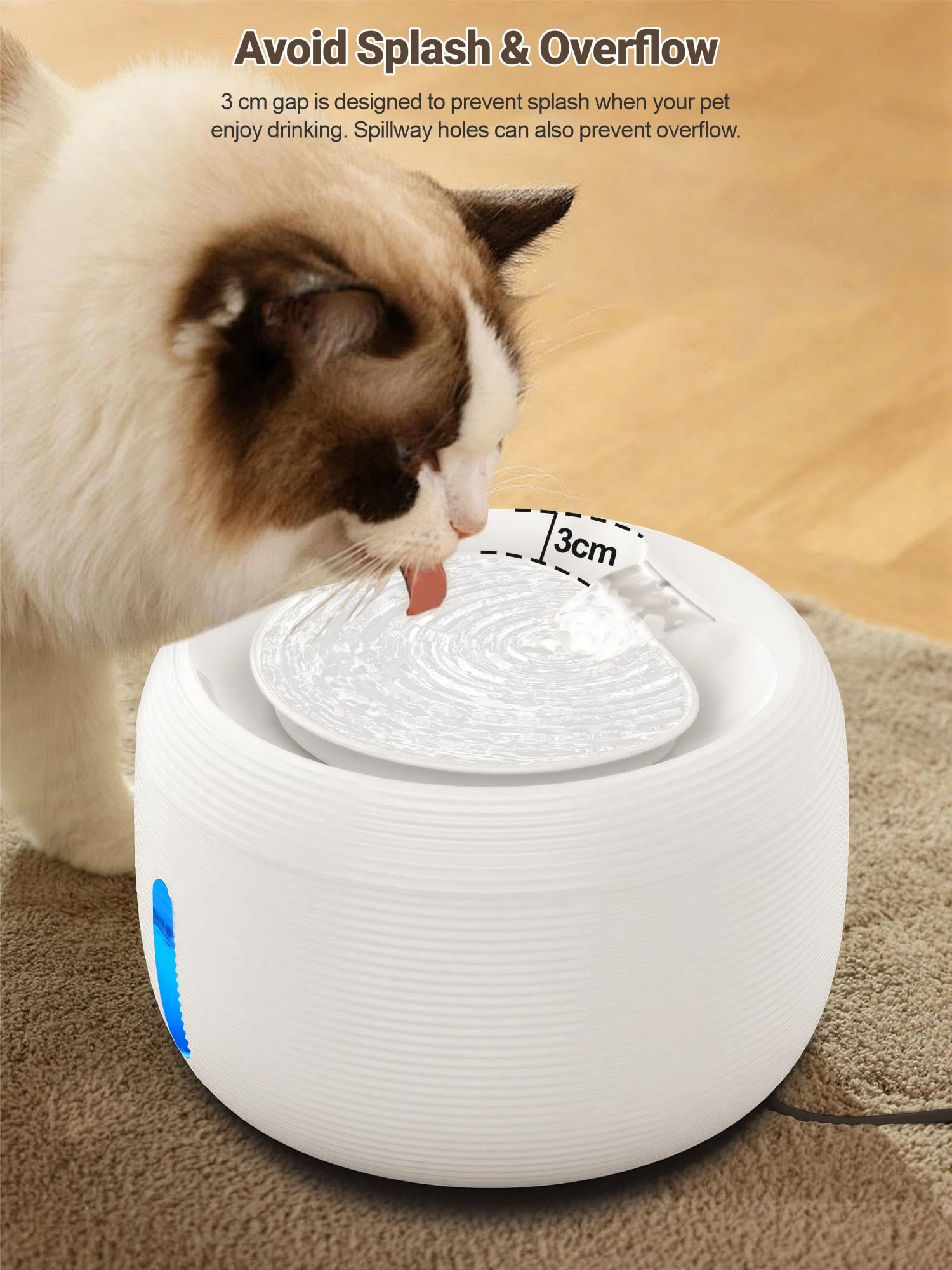 SIBAYS 3.5L/118oz Large Capacity Cat Water Fountain, Automatic Quiet Pet Water Fountain for Cats Indoor Cat Drinking Fountain, Dog Water Bowl Dispenser with LED Light & Water Level Window(FS77, Grey)