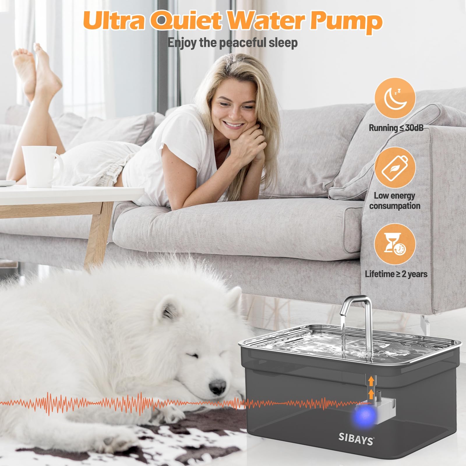 SIBAYS Dog Water Fountain for Large Dogs, 355oz/2.8Gal/10.5L Automatic Dog and Cat Water Fountain, Large Pet Fountain with Stainless Steel Bowl, Dog Water Bowl Dispenser Easy to Clean, BPA-Free FS70