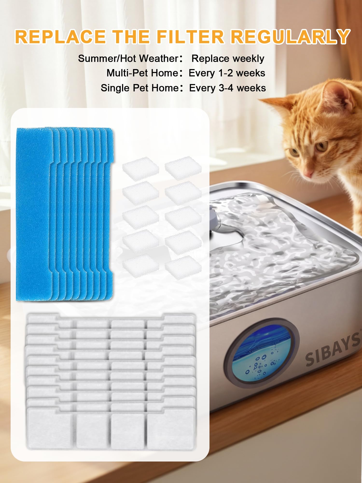 SIBAYS Dog Water Fountain Filter Replacement, 4Gal/15L Pet Fountain Filters, Made of Activated Carbon and PP Cotton, 8 Pet Water Fountain Filters, 8 Pre-Filter Sponge with 8 Pump Sponge(Model: L05)